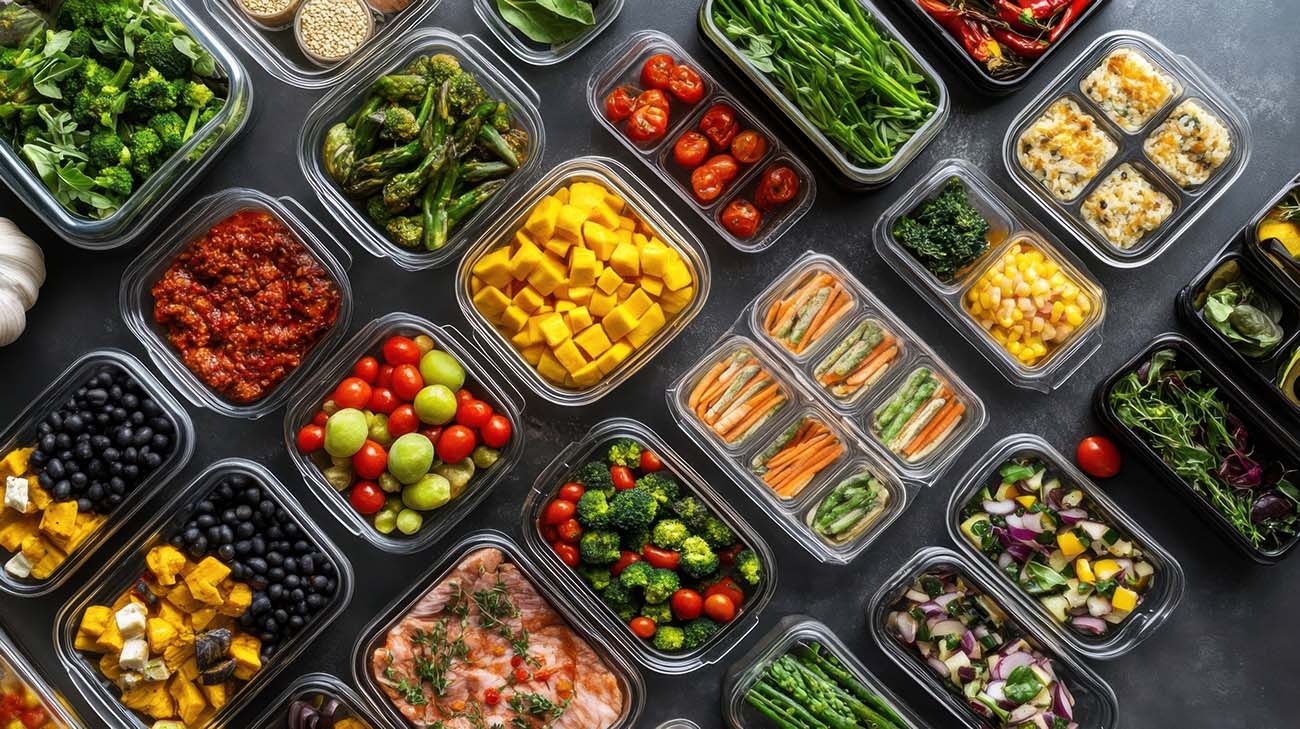 Fresh healthy Mealzy meal prep containers with colorful vegetables and proteins